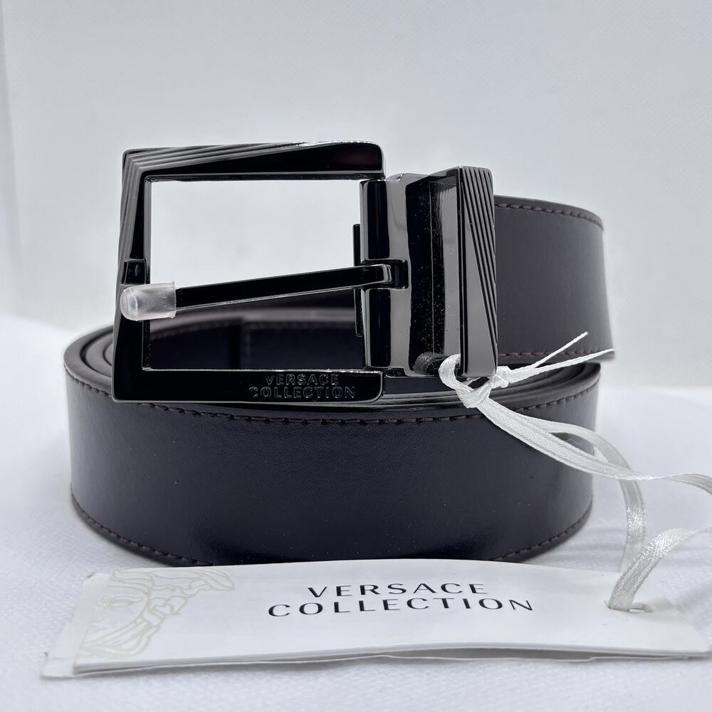 Versace Collection Leather Logo Buckle Belt One Size Brown Sz 120